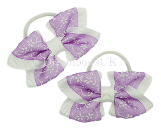 Purple and white floral hair bows, thin hair bobbles