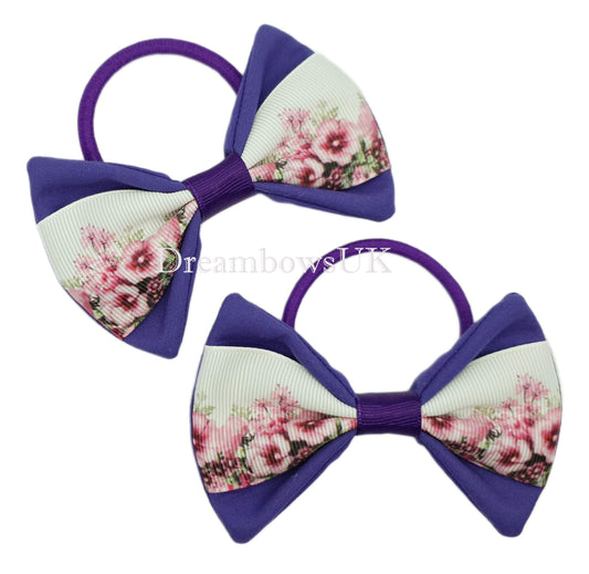 Purple floral hair bows, thick hair bobbles