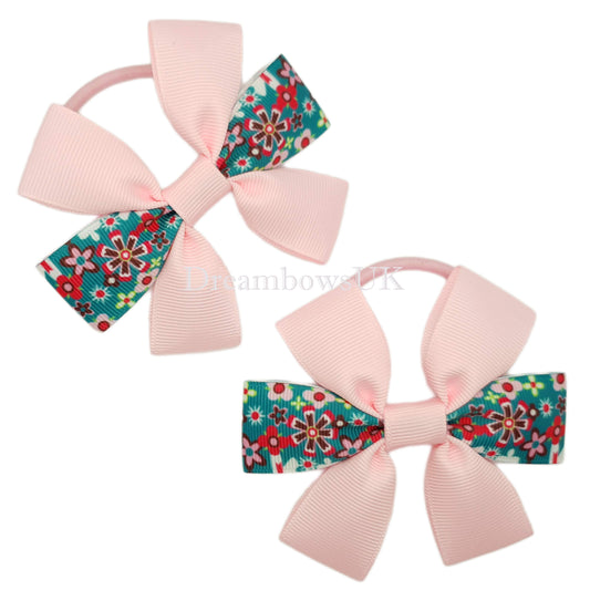 Baby pink floral hair bows on thick bobbles 