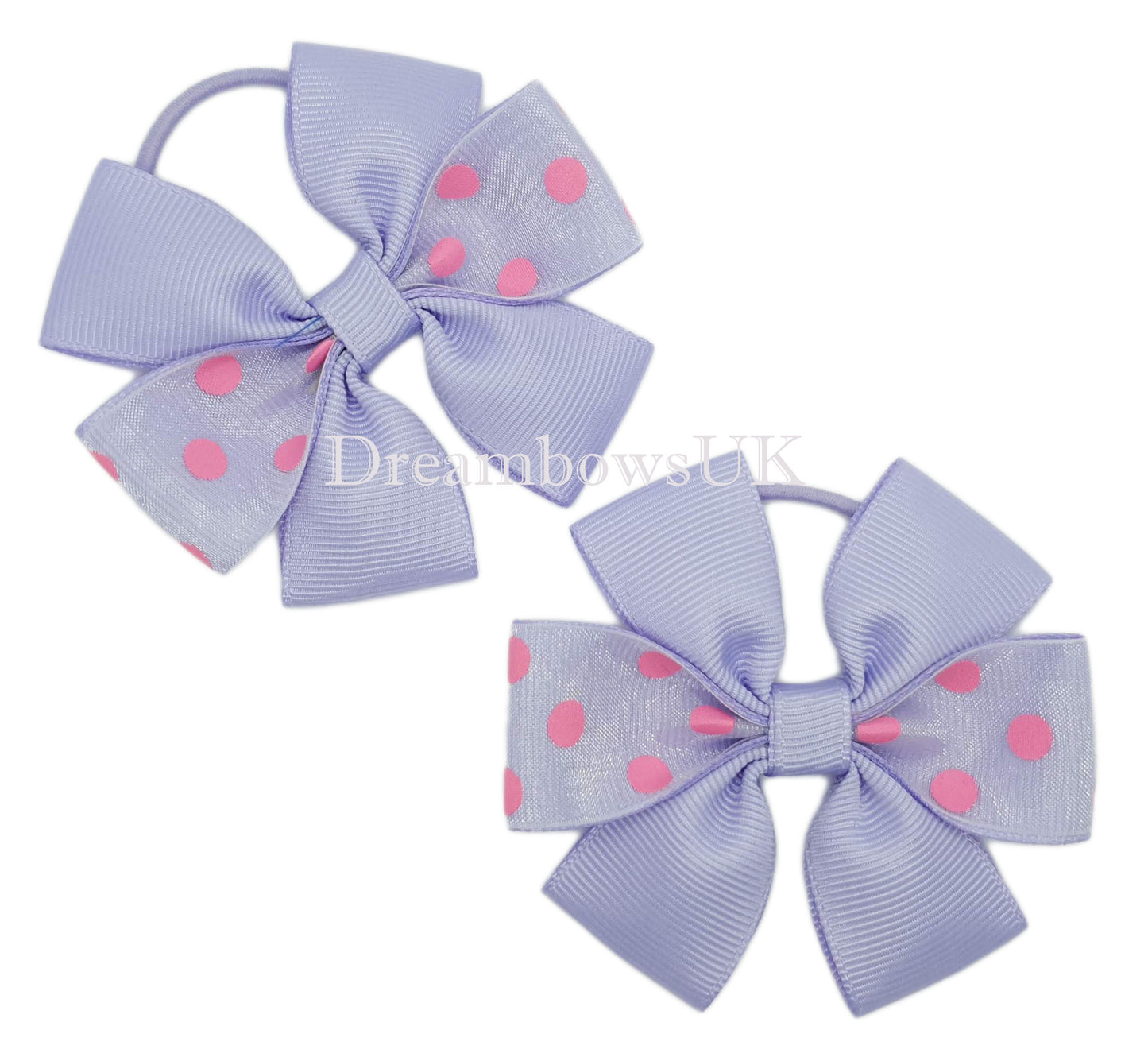 Lilac spotty hair bows, thin bobbles