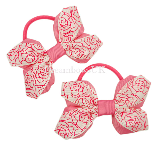 Pink and white floral hair bows, thick bobbles 