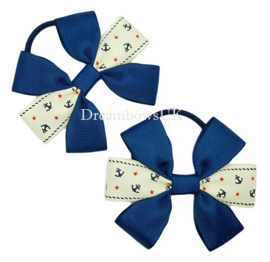 Navy blue and cream novelty hair bows on thick bobbles