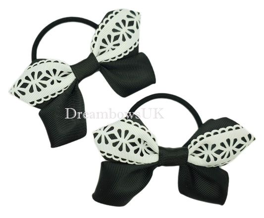 Black and white floral hair bows on thick bobbles