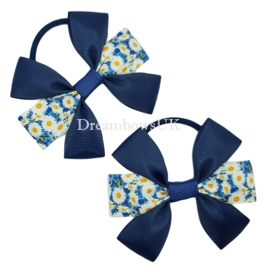 Navy blue floral hair bows, thick bobbles