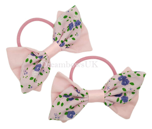 Baby pink floral hair bows on thick bobbles