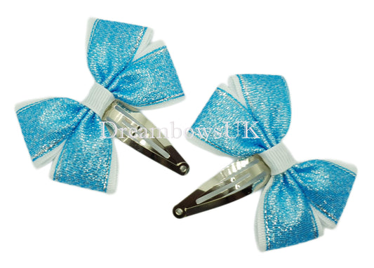 Turquoise and white hair bows, glitter bows, snap clips
