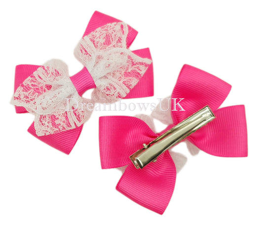 Pink and white hair bows, lace bows, alligator clips