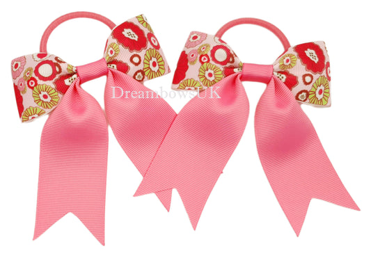 Pink floral hair bows on thick bobbles