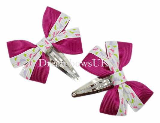 Cerise pink and white butterfly bows, snap clips