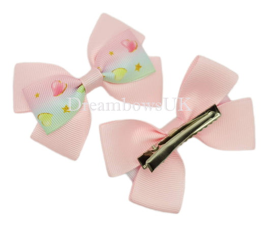 Baby pink hearts design hair bows on alligator clips