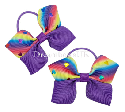Purple hearts design hair bows on thin bobbles