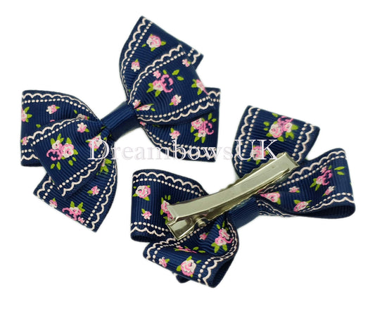 Navy blue floral hair bows, alligator clips