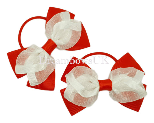 Red and white organza hair bows on thin bobbles