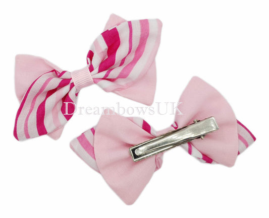 Pink striped hair bows, alligator clips
