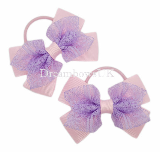 Baby pink and lilac lace hair bows on thin bobbles