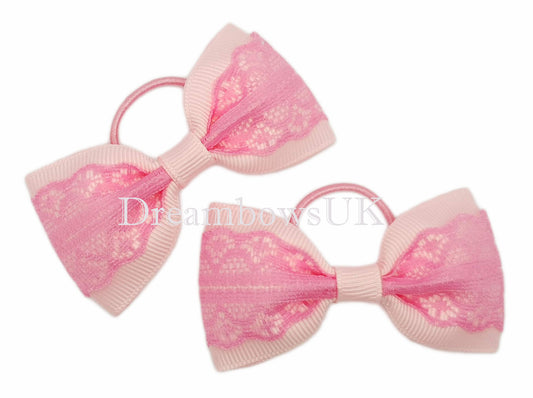 Pink lace hair bows on thin bobbles