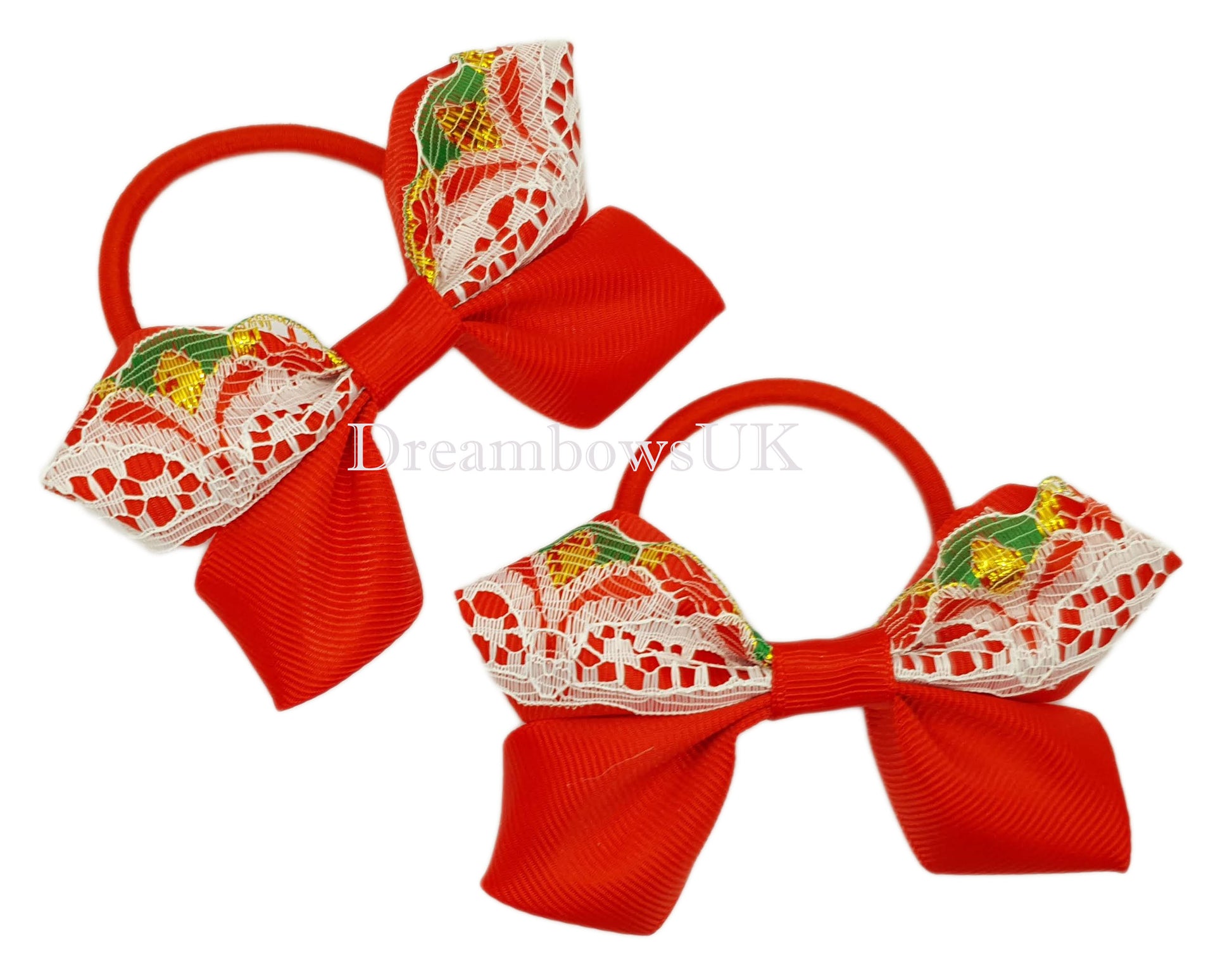 Red and white lace hair bows on thick bobbles