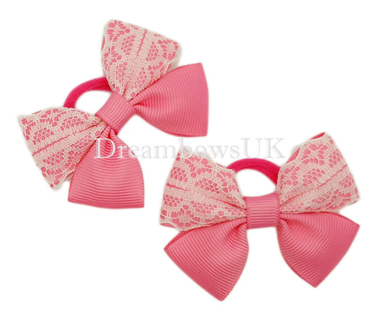 Pink lace hair bows on polyester bobbles