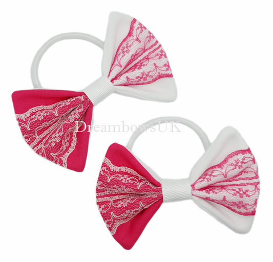 Pink and white lace hair bows on thick bobbles