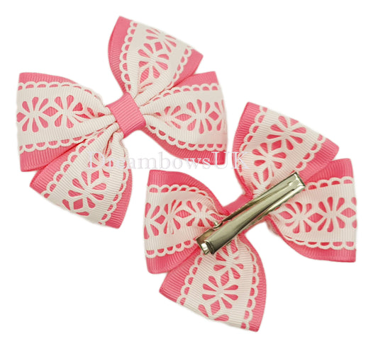 Pink and white hair bows, floral hair bows, alligator clips