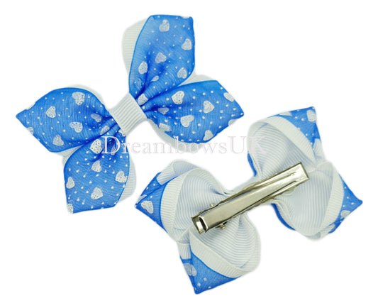 Royal blue and white hair bows, alligator clips