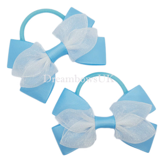 Baby blue and white organza hair bows on thick bobbles
