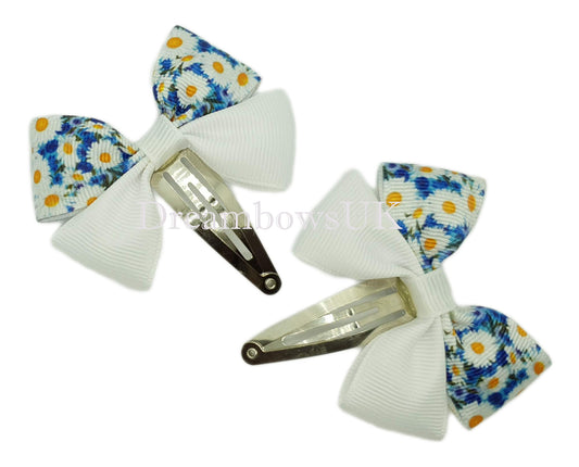 Blue and white floral hair bows, snap clips