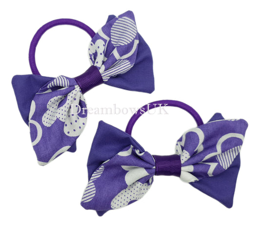 Purple and white floral hair bows, thick bobbles