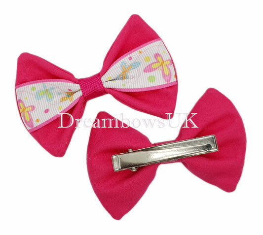 Cerise pink and white butterfly design hair bows, crocodile clips