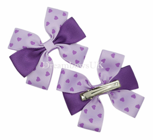 Purple and lilac hearts hair bows, alligator clips