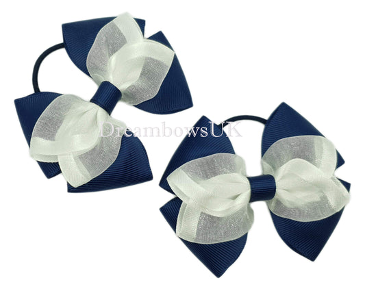 Navy blue and white organza hair bows on thin bobbles