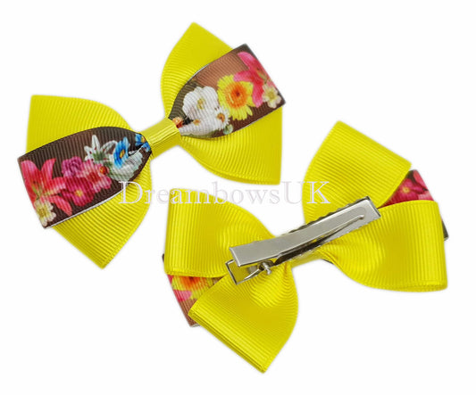 Black and yellow floral hair bows, crocodile clips