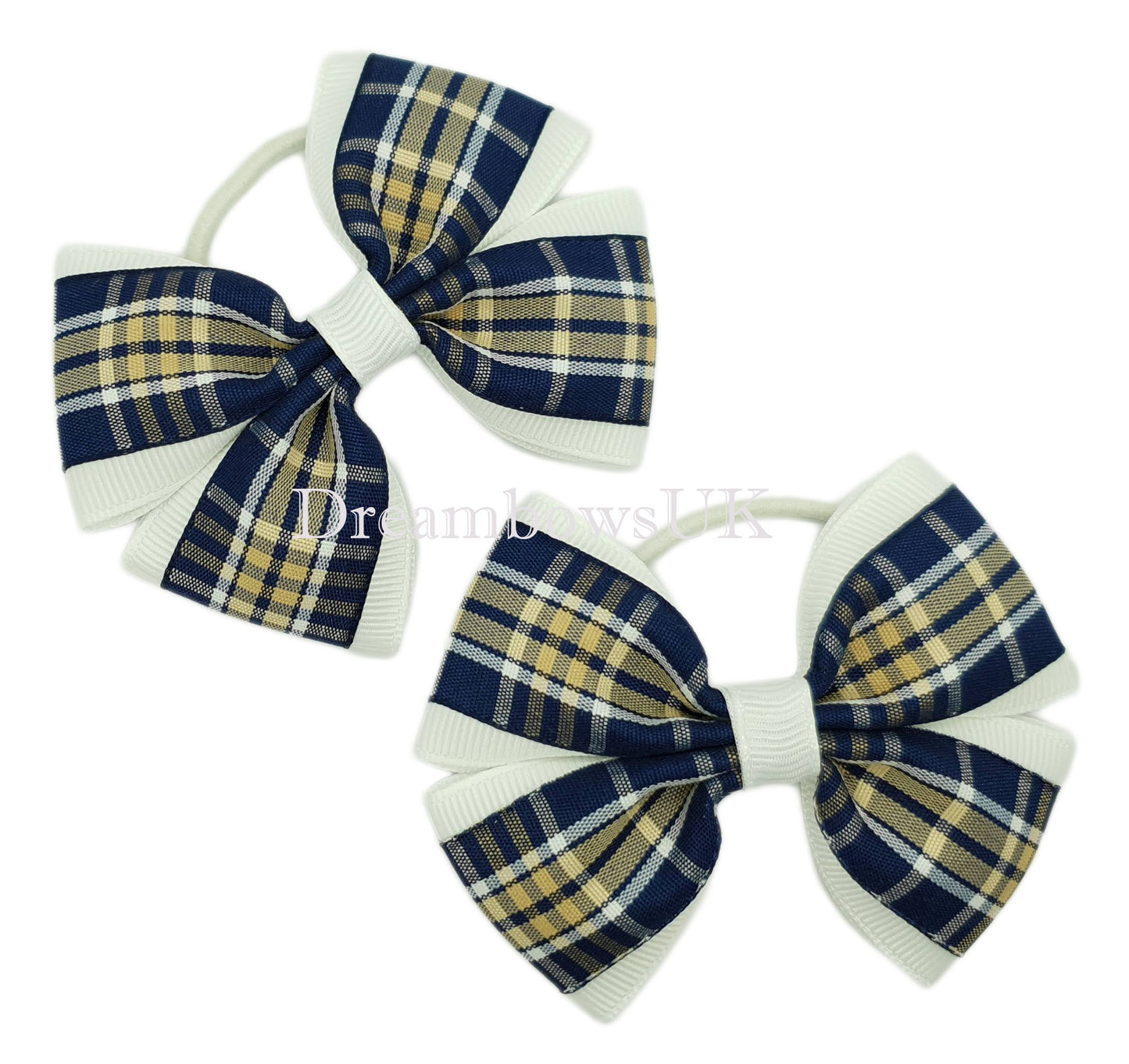 Navy blue tartan hair bows, thin hair elastics