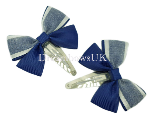 Navy blue and white hair bows, snap clips