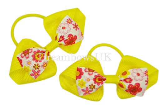 Yellow floral hair bows on thin bobbles