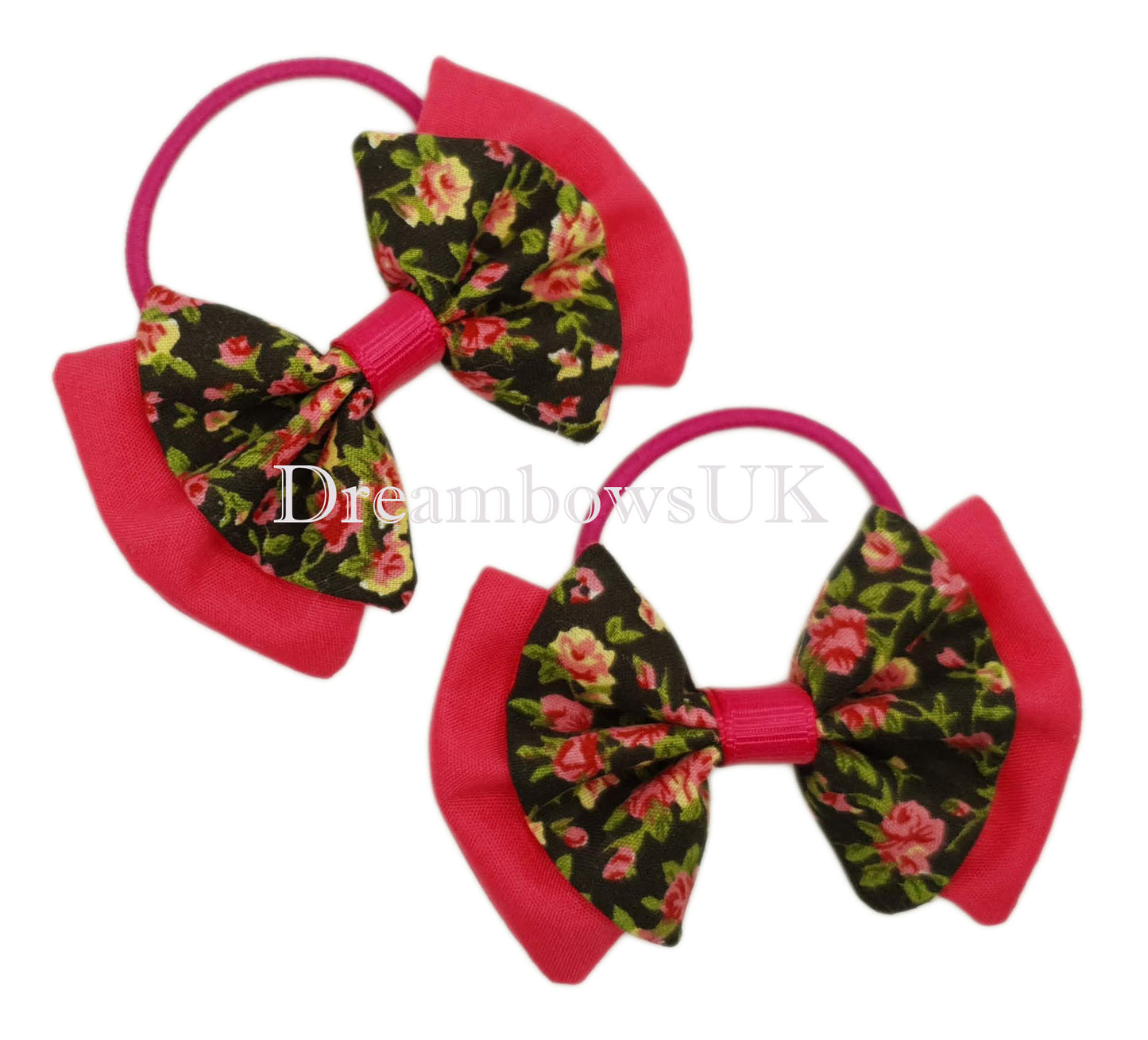 Pink and black hair bows, floral fabric hair bows, thin bobbles