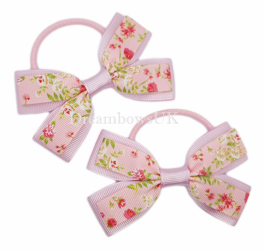 Baby pink floral hair bows on thick bobbles