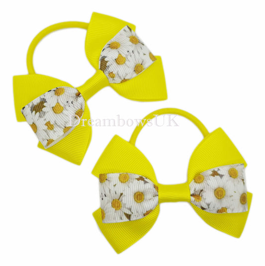 Yellow floral hair bows on thick bobbles