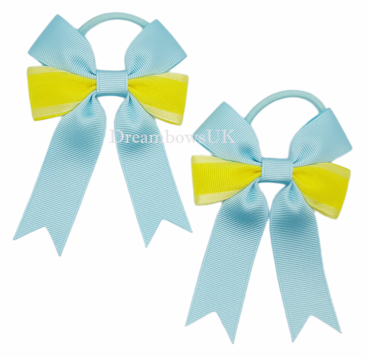 Turquoise and yellow organza hair bows on thick bobbles