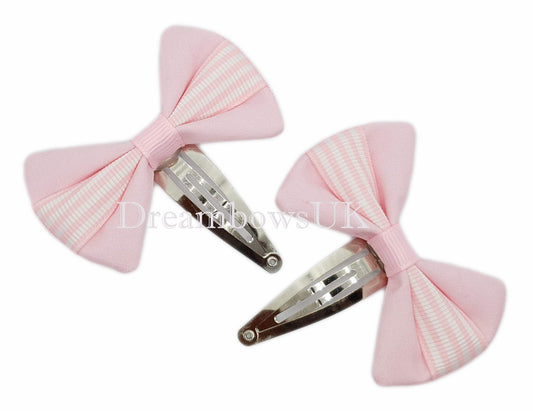 Baby pink striped hair bows, snap clips