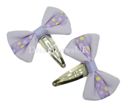 Lilac polka dot hair bows on snap clips