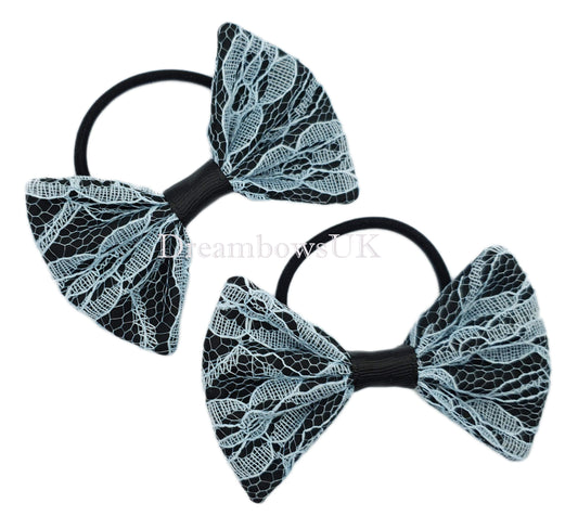 Black and baby blue lace hair bows on thick bobbles