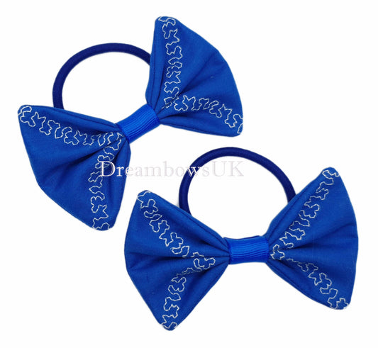 Royal blue embroidered hair bows on thick bobbles