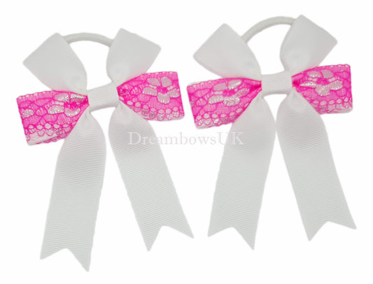 Pink and white lace hair bows on thick bobbles
