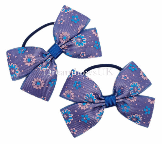 Navy blue floral hair bows on thin bobbles