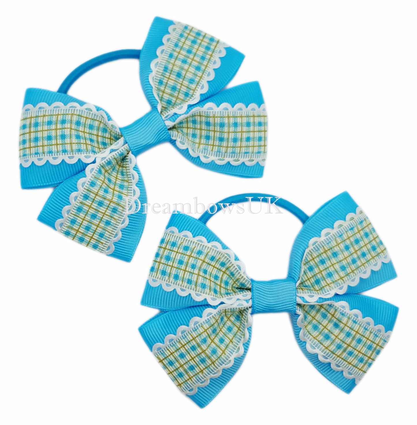 Turquoise and White Checked Hair Bows on Thick Bobbles | One-of-a-Kind Design