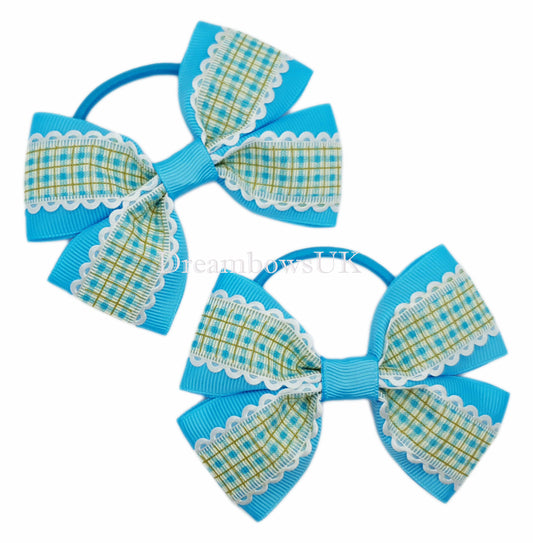 Turquoise checked hair bows on thick bobbles