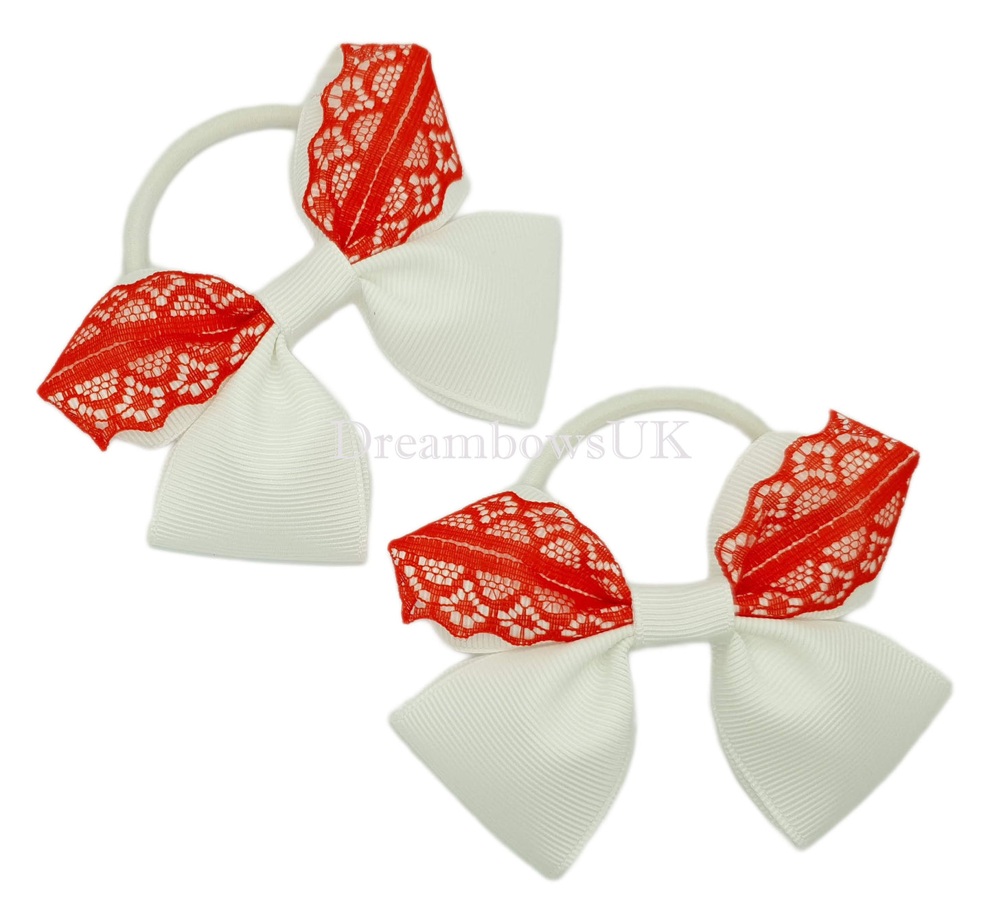 Red and white lace hair bows on thick bobbles