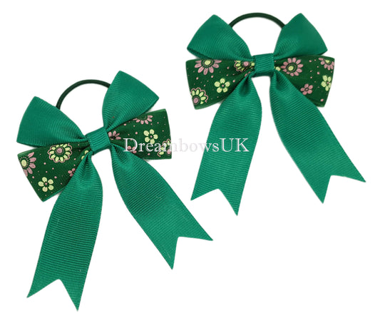 Bottle green floral hair bows on thin bobbles