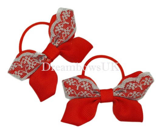Grey and red lace hair bows on thin bobbles